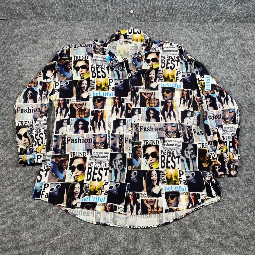 John Mark Womens Large Magazine Collage Print Button Up Shirt Long Sleeve Multi
